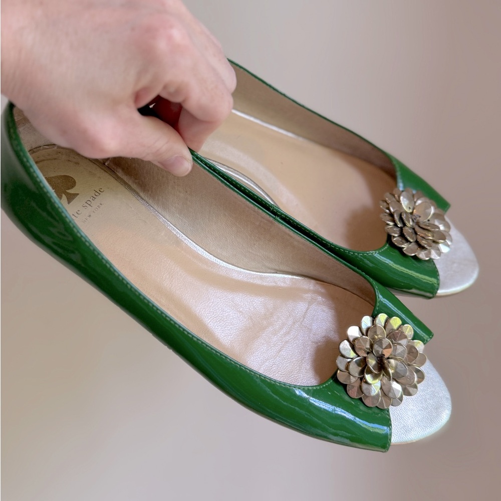 Vintage Kate Spade Green Slides Flats Gold Flower Embellishment Peep Toe Size 9